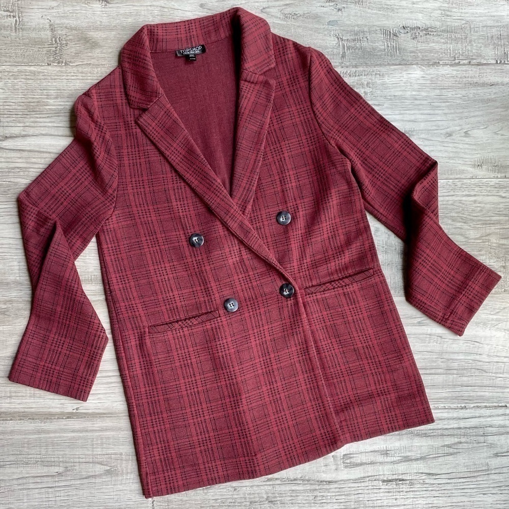 Topshop Plaid Blazer Double Breasted Oversized Woven Knit Fabric Red Blazer SZ 4